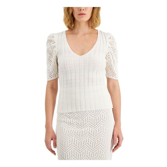 DONNA KARAN NEW YORK Tops - DONNA KARAN NEW YORK Womens White Knit Fitted Crochet Sleeves Top XS